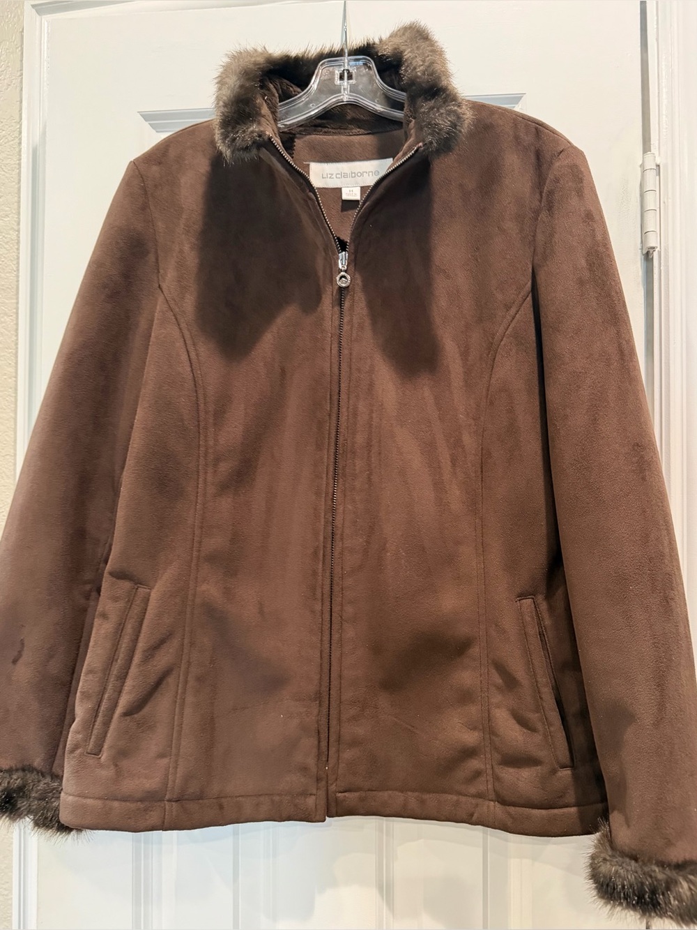 Liz Claiborne Brown Faux-Suede Jacket with Fur-Trim Collar, Medium